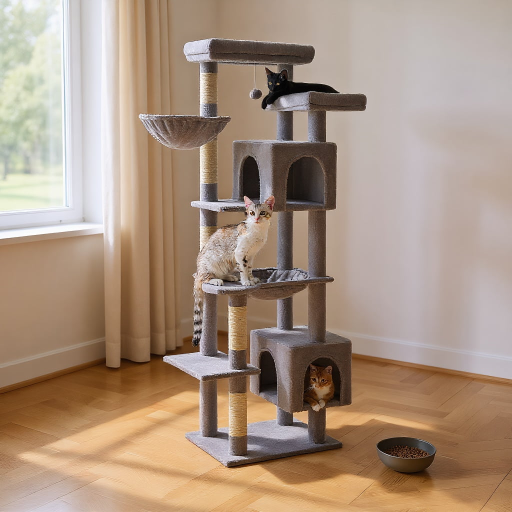Pefilos 69" Tall Cat Tree for Indoor Large Cats with Hammock, Cat Climbing Tree Tower with Scratching Posts, Condo House and Top Perch, Gray