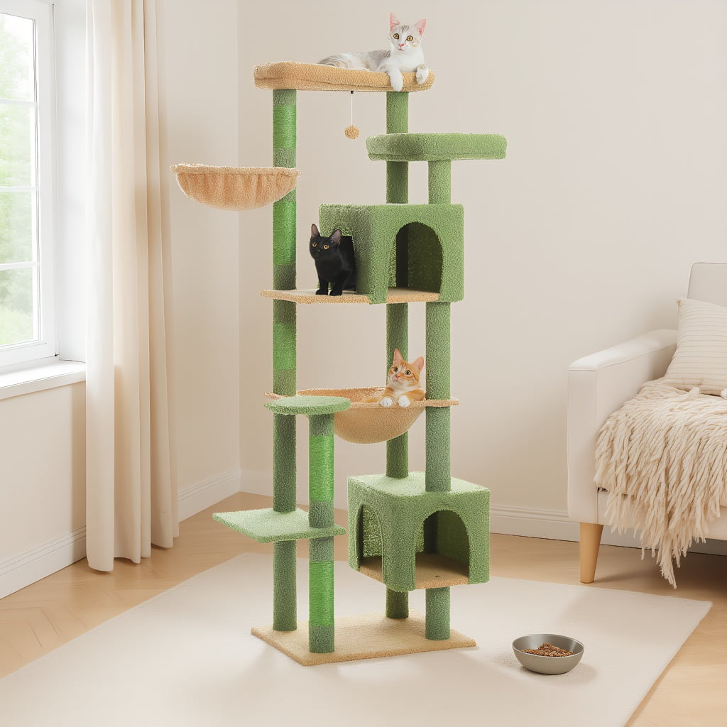Pefilos 69" Tall Cat Tree for Indoor Large Cats with Hammock, Cat Climbing Tree Tower with Scratching Posts, Condo House and Top Perch, Green