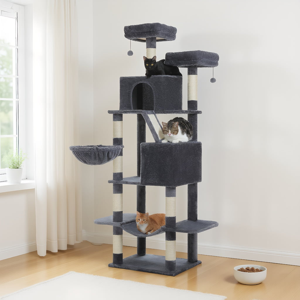 Pefilos 70.8" Tall Cat Tree for Adult Indoor Cats, 8-Levels Large Cat Tower with 8 Sisal Posts, 2 Hammocks, 2 Condos, Big Perch & 3 Pom Poms, Beige