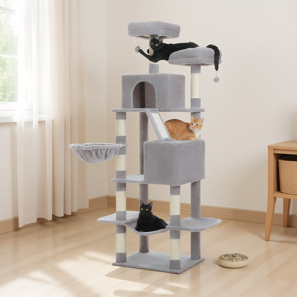 Pefilos 70.8" Tall Cat Tree for Adult Indoor Cats, 8-Levels Large Cat Tower with 8 Sisal Posts, 2 Hammocks, 2 Condos, Big Perch & 3 Pom Poms, Beige