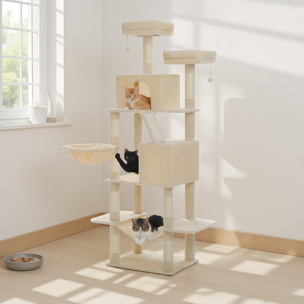 Pefilos 70.8" Tall Cat Tree for Adult Indoor Cats, 8-Levels Large Cat Tower with 8 Sisal Posts, 2 Hammocks, 2 Condos, Big Perch & 3 Pom Poms, Beige
