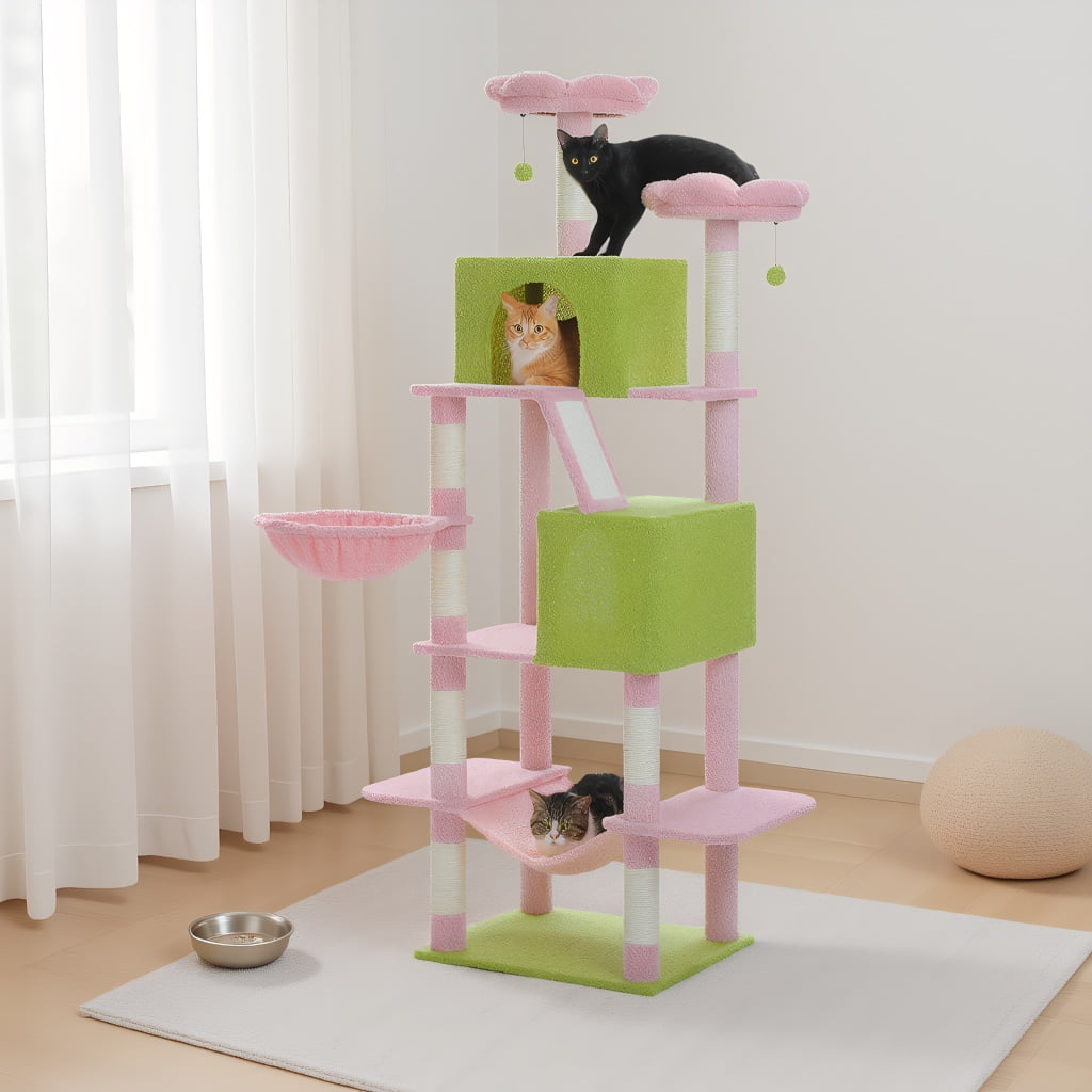 Pefilos 70.8" Tall Flower Cat Tree for Adult Indoor Cats, 8-Levels Large Cat Tower with 8 Sisal Posts, 2 Hammocks, 2 Condos, Big Perch & 3 Pom Poms, Beige
