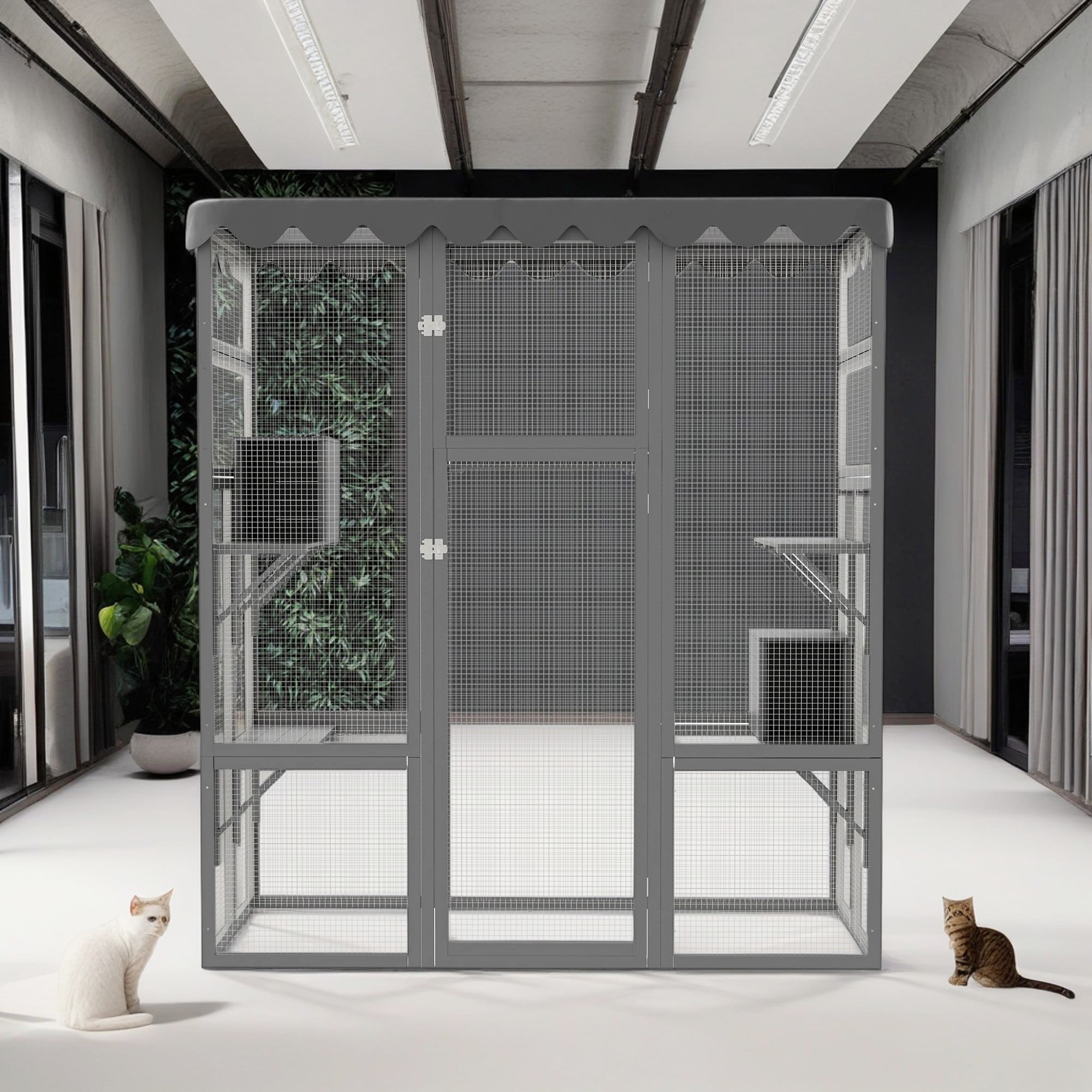 Pefilos 70" Cat House Outdoor Catio Kitty Enclosure with Enter Door, Wood Cat Cage Condo Indoor Playpen with Platforms and Small House, Gray Pefilos 70" Cat House Outdoor Catio Kitty Enclosure with Enter Door, Wood Cat Cage Condo Indoor Playpen with Platforms and Small House, Gray
