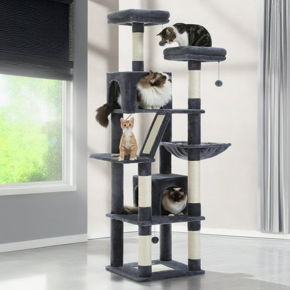 Pefilos 70" Cat Tree Tower for Indoor Cats, Multi-Level Cat Tree House Cat Scratching Post with 2 Perches, 2 Cat Condos, Hammock and 2 Pompoms, Dark Gray