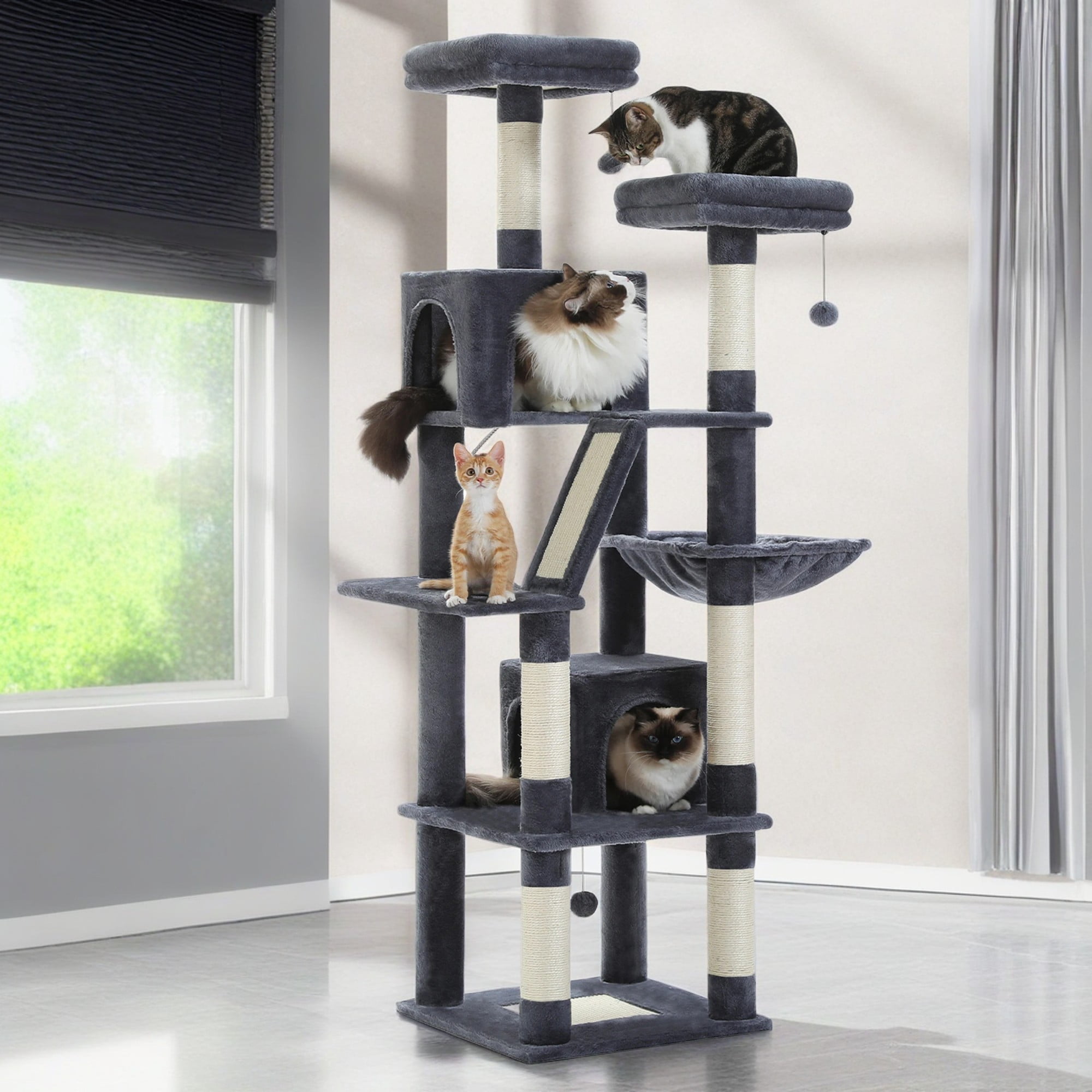 Pefilos 70" Cat Tree Tower for Indoor Cats, Multi-Level Cat Tree House Cat Scratching Post with 2 Perches, 2 Cat Condos, Hammock and 2 Pompoms, Dark Gray Pefilos 70" Cat Tree Tower for Indoor Cats, Multi-Level Cat Tree House Cat Scratching Post with 2 Perches, 2 Cat Condos, Hammock and 2 Pompoms, Dark Gray