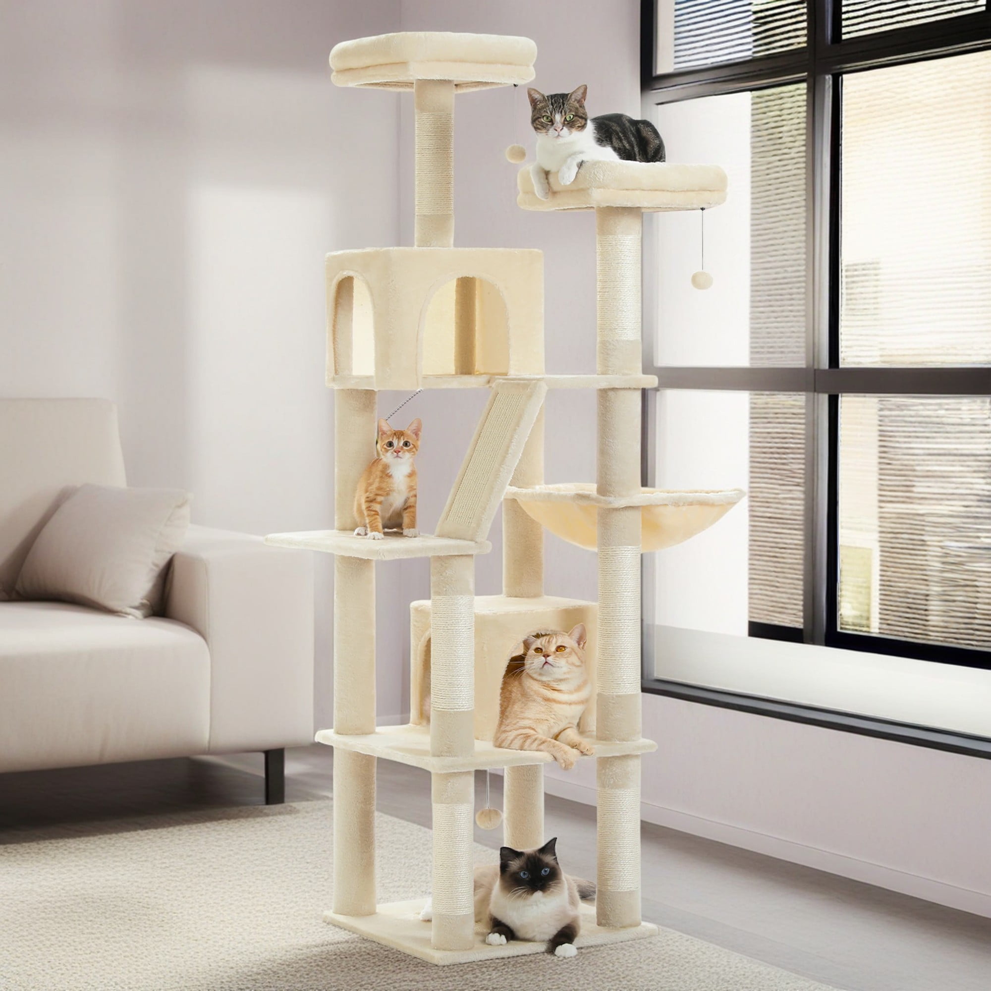 Pefilos 70" Cat Tree Tower for Indoor Cats, Multi-Level Cat Tree House Cat Scratching Post with 2 Perches, 2 Cat Condos, Hammock and 2 Pompoms, Beige Pefilos 70" Cat Tree Tower for Indoor Cats, Multi-Level Cat Tree House Cat Scratching Post with 2 Perches, 2 Cat Condos, Hammock and 2 Pompoms, Beige