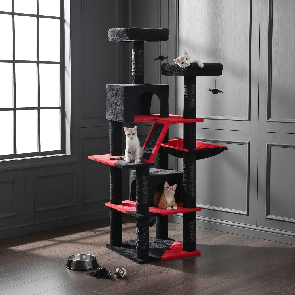 Pefilos 70" Cat Tree Tower for Indoor Cats, Multi-Level Cat Tree House Cat Scratching Post with 2 Perches, 2 Cat Condos, Hammock and 2 Pompoms, Black
