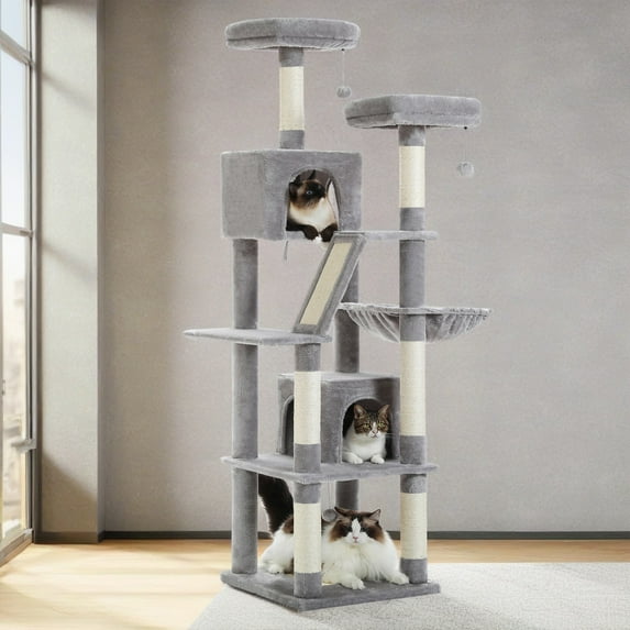 Pefilos 70" Cat Tree Tower for Indoor Cats, Multi-Level Cat Tree House Cat Scratching Post with 2 Perches, 2 Cat Condos, Hammock and 2 Pompoms, Gray