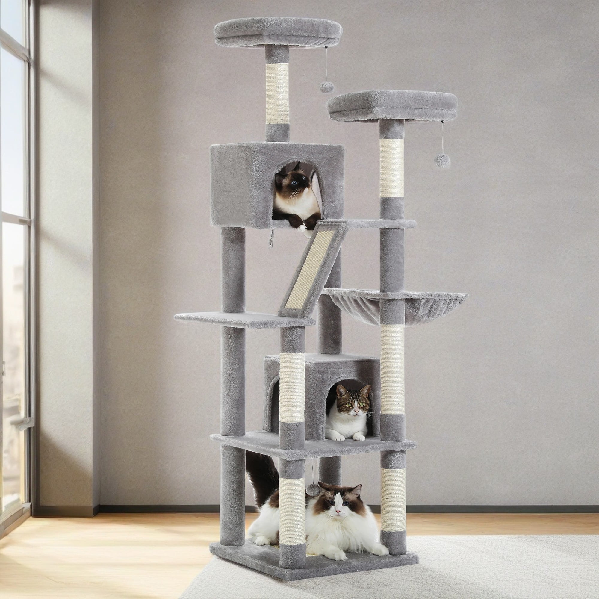 Pefilos 70" Cat Tree Tower for Indoor Cats, Multi-Level Cat Tree House Cat Scratching Post with 2 Perches, 2 Cat Condos, Hammock and 2 Pompoms, Gray Pefilos 70" Cat Tree Tower for Indoor Cats, Multi-Level Cat Tree House Cat Scratching Post with 2 Perches, 2 Cat Condos, Hammock and 2 Pompoms, Gray