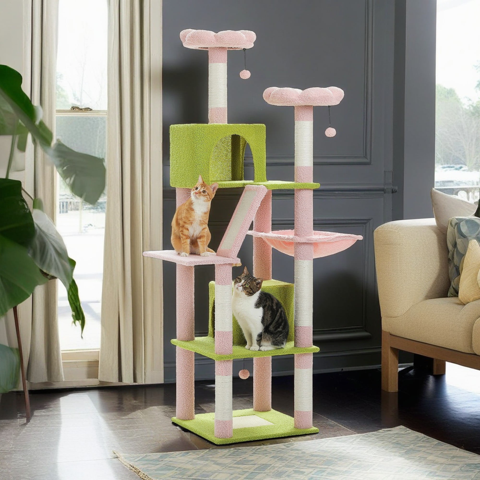 Pefilos 70" Cat Tree Tower for Indoor Cats, Multi-Level Cat Tree House Cat Scratching Post with 2 Perches, 2 Cat Condos, Hammock and 2 Pompoms, Pink Pefilos 70" Cat Tree Tower for Indoor Cats, Multi-Level Cat Tree House Cat Scratching Post with 2 Perches, 2 Cat Condos, Hammock and 2 Pompoms, Pink