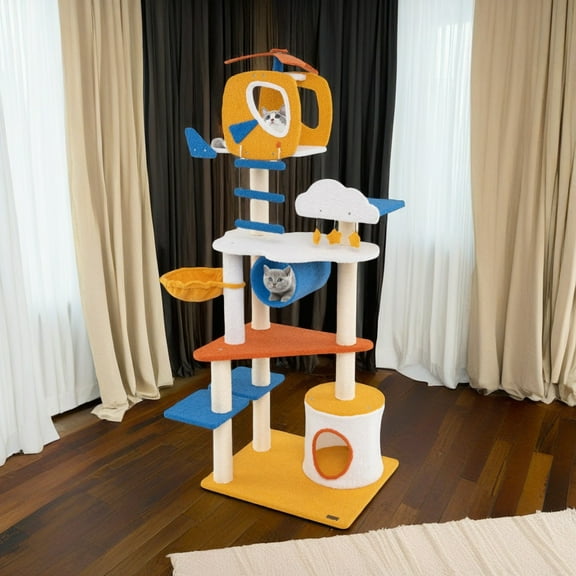 Pefilos 70" Cat Tree Tower with Scratching Posts and Platform, Cat Condo Aviation-themed Cat Activity Center Play for Kittens, Multicolor
