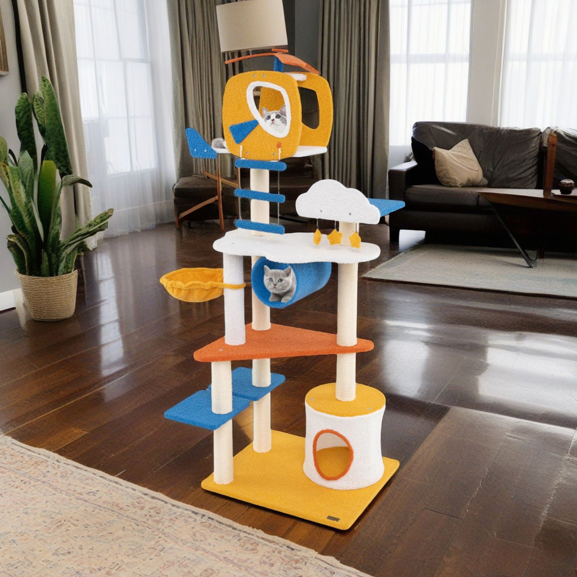 Pefilos 70" Cat Tree for Indoor Cats, Aviation-themed Cat Tower with Helicopter Top Perch, Sisal Scratching Post, Cat Condo, Multicolor Pefilos 70" Cat Tree for Indoor Cats, Aviation-themed Cat Tower with Helicopter Top Perch, Sisal Scratching Post, Cat Condo, Multicolor