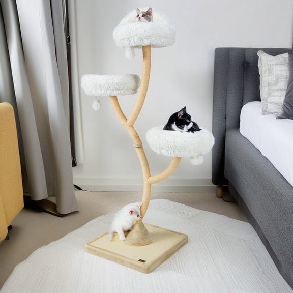 Pefilos 70" Cat Tree with Scratching Post, Cat Tower with Padded Plush Perch and Dangling Balls, Multi-Platform for Jump, Beige