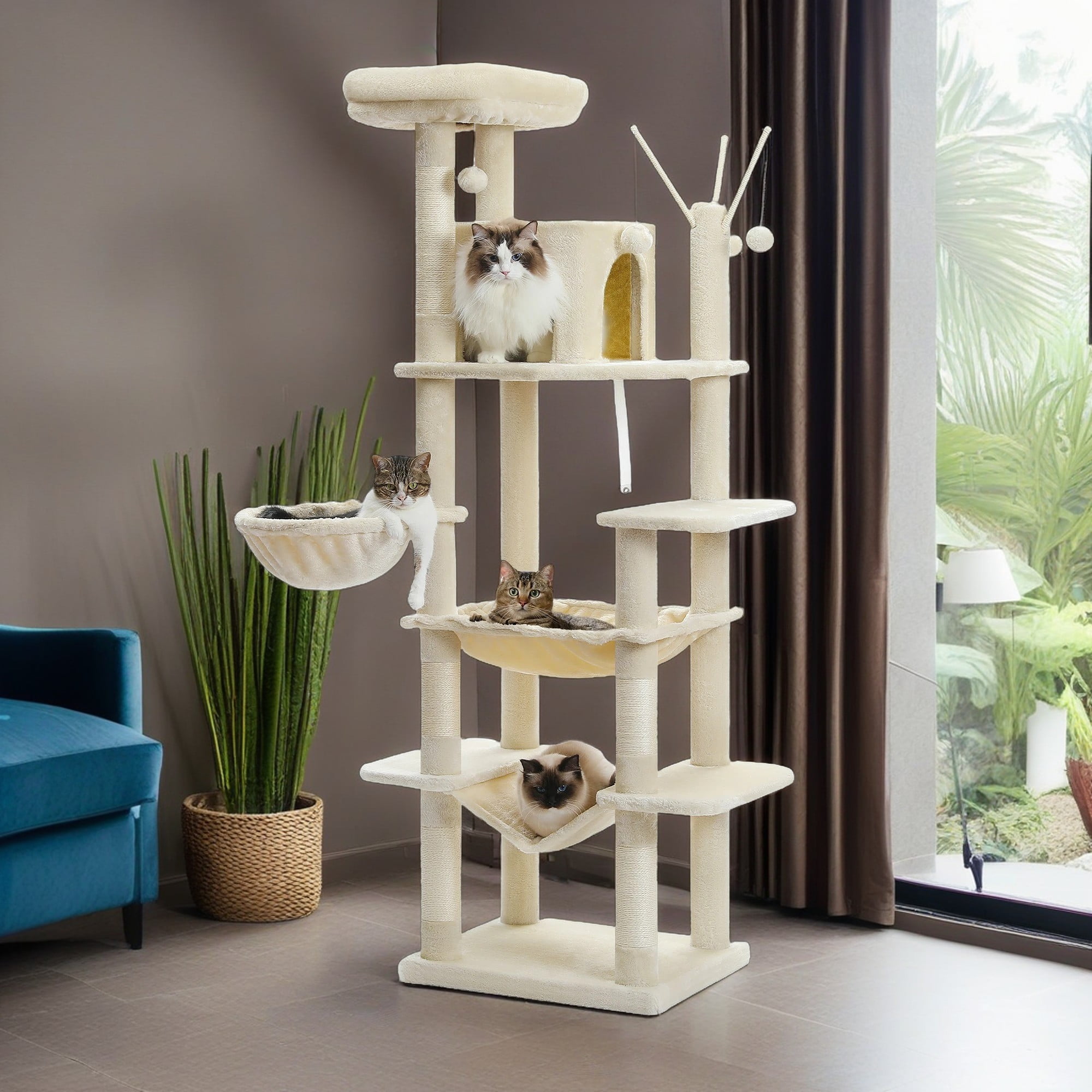 Pefilos 70" Large Cat Tree Tower with Scratching Posts, Perches, Basket, Hammock, Multi-Level Plush Cat Condo for Indoor Cats, Beige Pefilos 70" Large Cat Tree Tower with Scratching Posts, Perches, Basket, Hammock, Multi-Level Plush Cat Condo for Indoor Cats, Beige