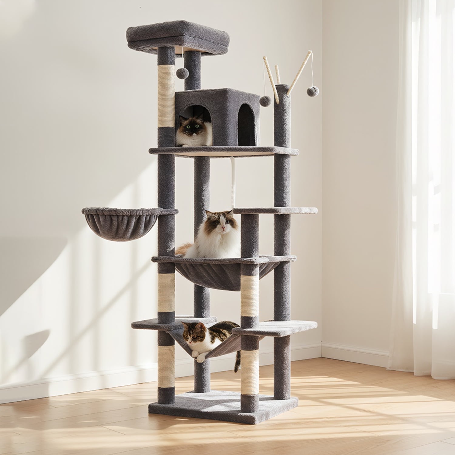 Pefilos 70" Large Cat Tree Tower with Scratching Posts, Perches, Basket, Hammock, Multi-Level Plush Cat Condo for Indoor Cats, Dark Gray