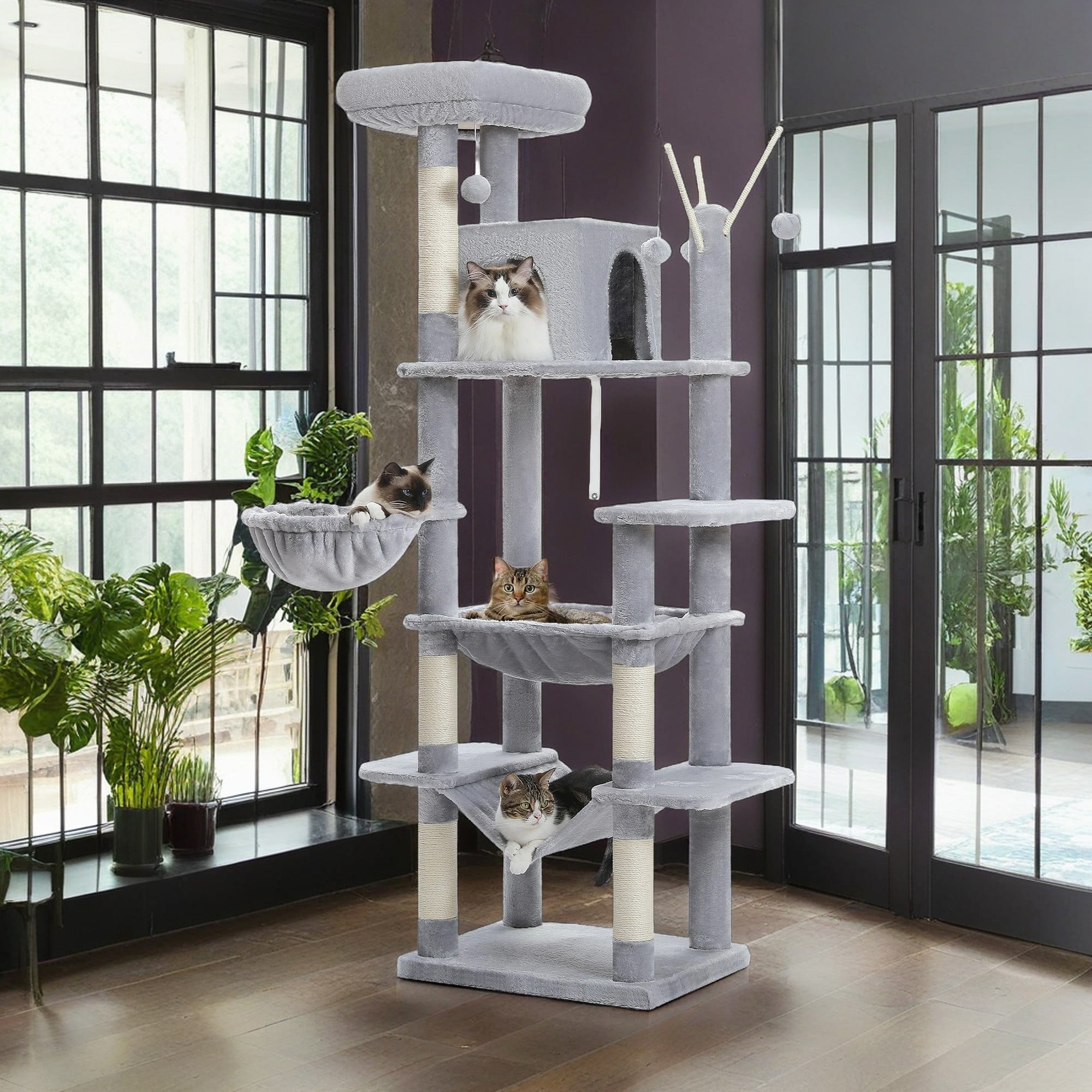Pefilos 70" Large Cat Tree Tower with Scratching Posts, Perches, Basket, Hammock, Multi-Level Plush Cat Condo for Indoor Cats, Gray Pefilos 70" Large Cat Tree Tower with Scratching Posts, Perches, Basket, Hammock, Multi-Level Plush Cat Condo for Indoor Cats, Gray