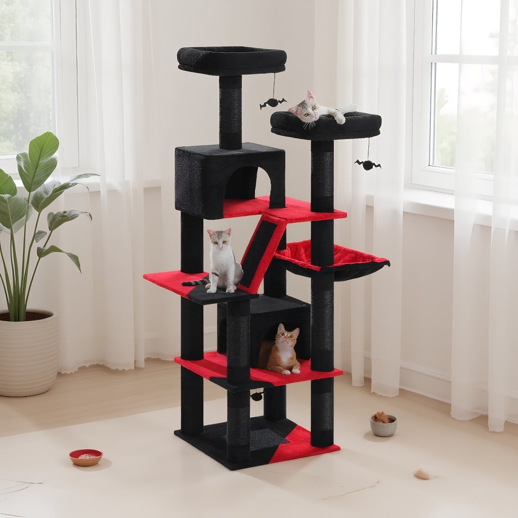 Pefilos 70" Large Cat Tree for Indoor Cats, Multi-Level Cat Tower Cat Scratching Post with 2 Perches, 2 Condos, Hammock and 2 Pompoms, Black