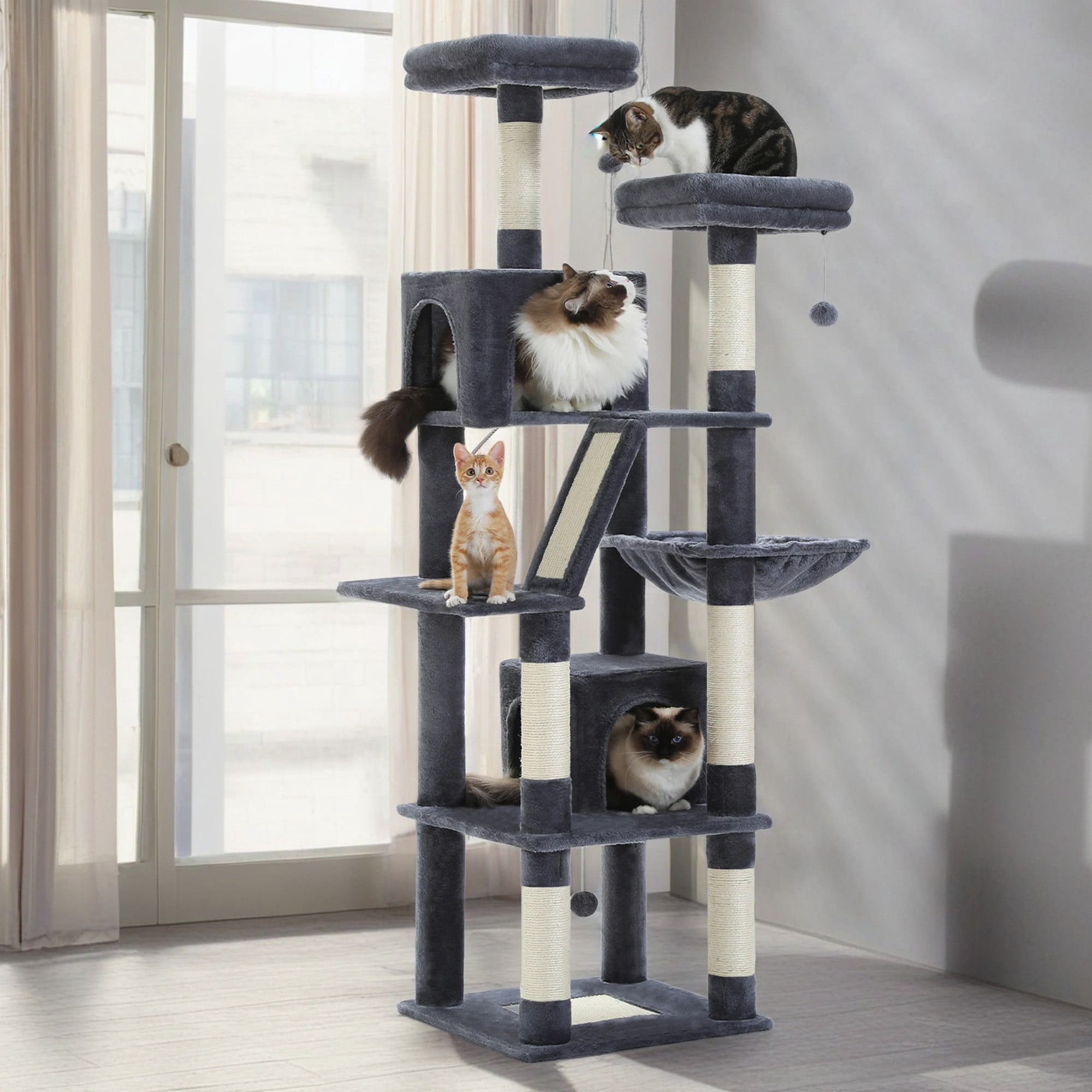 Pefilos 70" Large Cat Tree for Indoor Cats, Multi-Level Cat Tower Cat Scratching Post with 2 Perches, 2 Condos, Hammock and 2 Pompoms, Dark Gray