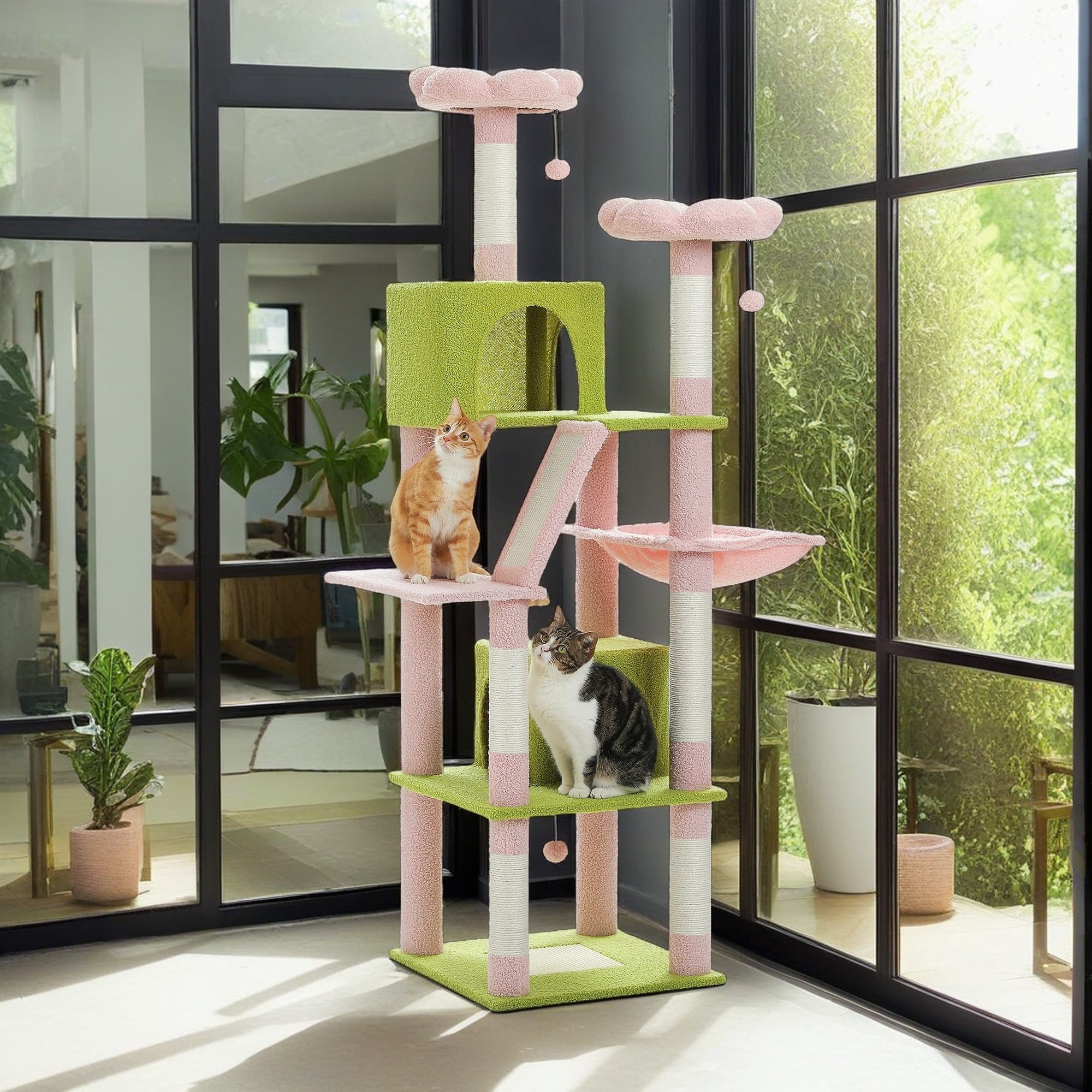 Pefilos 70" Large Cat Tree for Indoor Cats, Multi-Level Cat Tower Cat Scratching Post with 2 Perches, 2 Condos, Hammock and 2 Pompoms, Pink