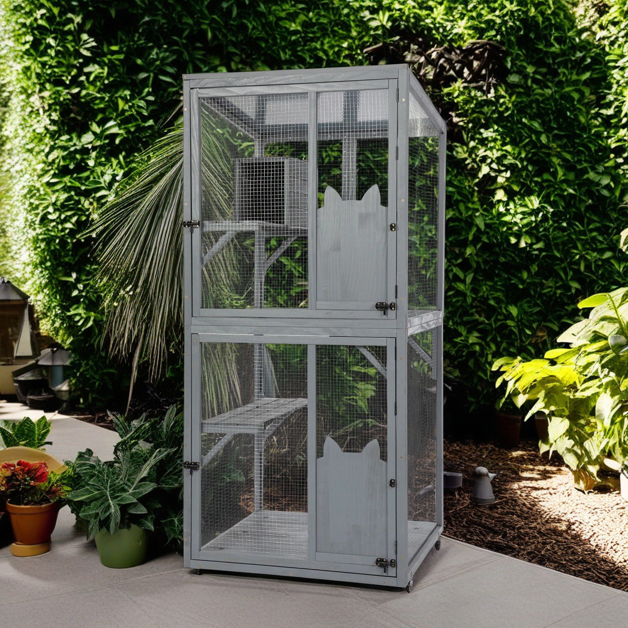 Pefilos 70" Outdoor Cat House Catio Cat Enclosures on Wheels Kitty House with Resting Box,Waterproof Sunlight Roof, Gray