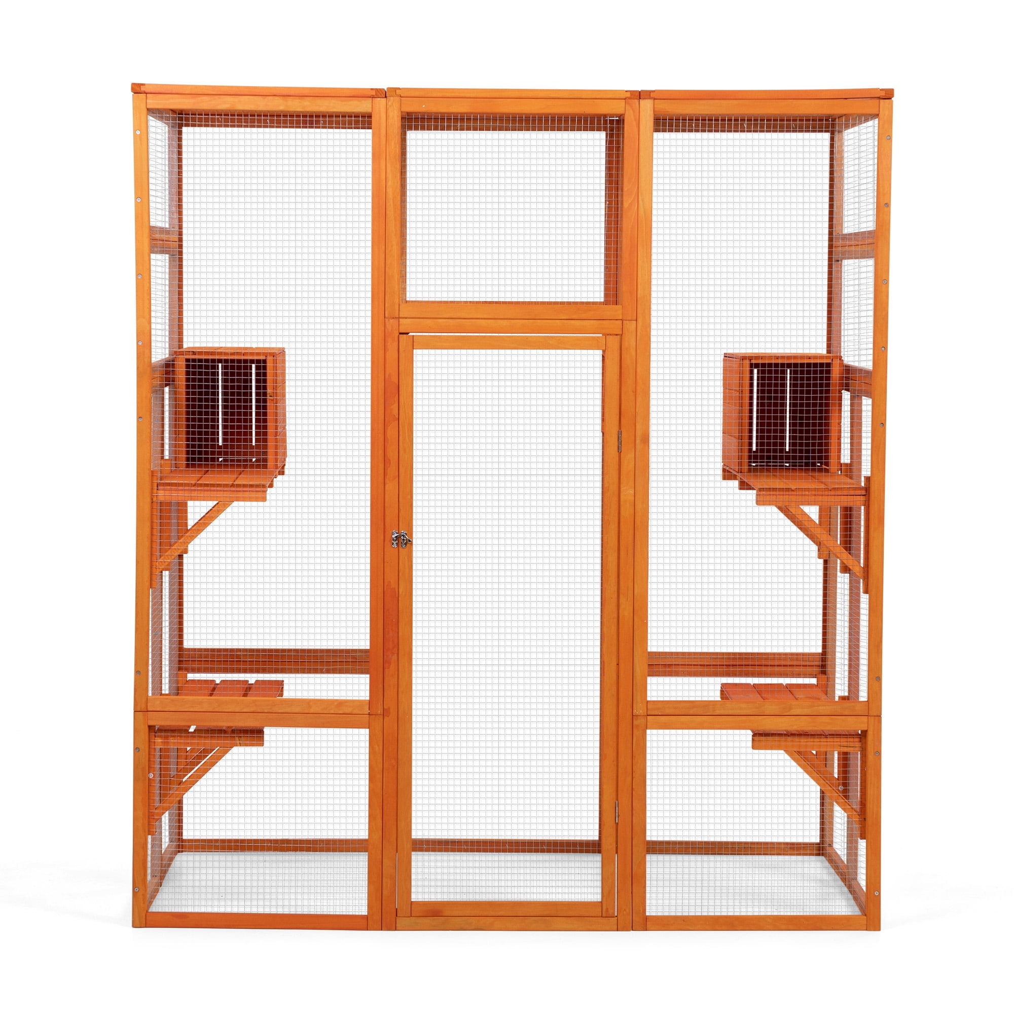 Pefilos 70" Outdoor Cat House for Large, Catio Kitty Enclosure Wooden Cat Cage Condo Indoor Playpen with Platforms & Small House, Orange