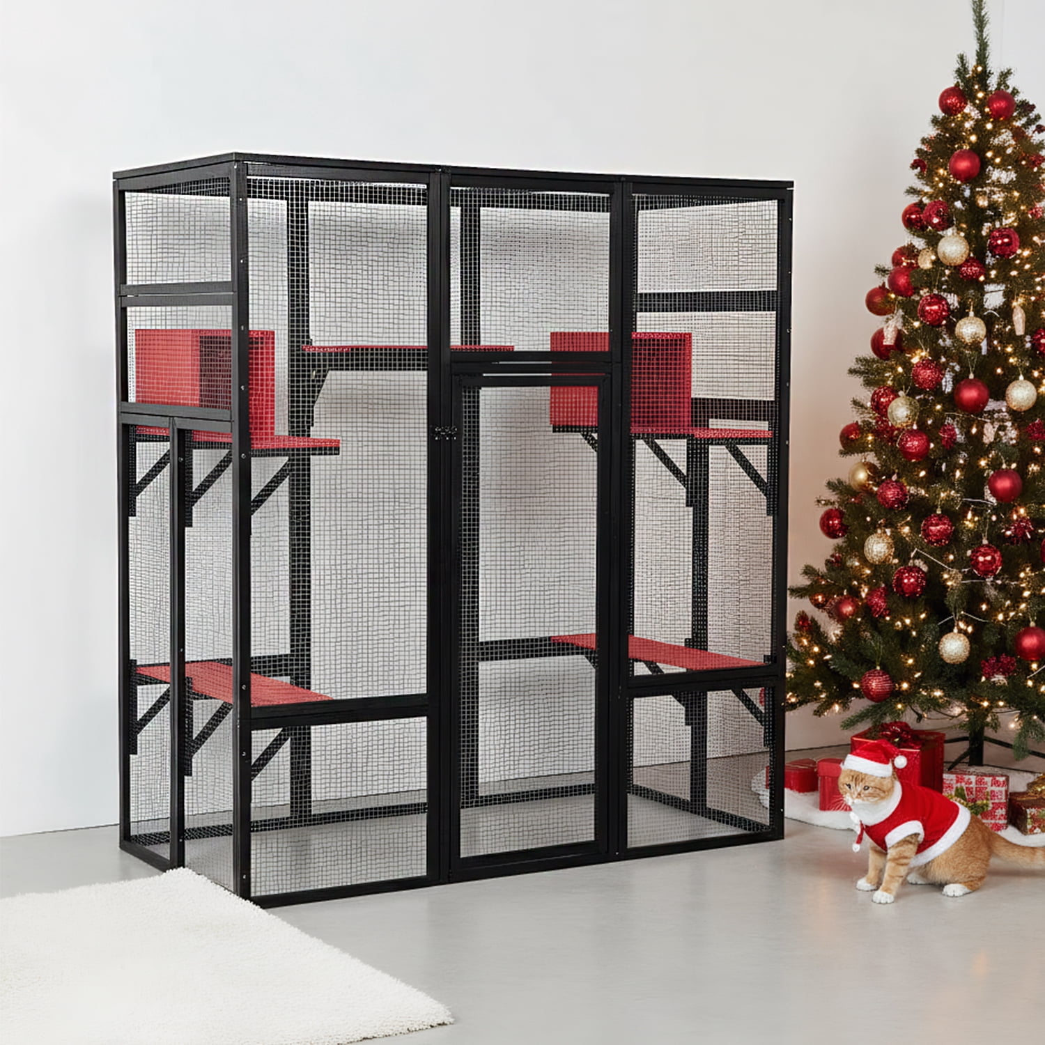 Pefilos 70" Outdoor Cat House for Large Cats, Enclosure Wood Cat Cage with Platforms and Small House, Gothic Kitty Catio Condo Playpen, Black
