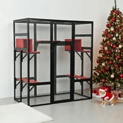 Pefilos 70" Outdoor Cat House for Large Cats, Enclosure Wood Cat Cage with Platforms and Small House, Gothic Kitty Catio Condo Playpen, Black