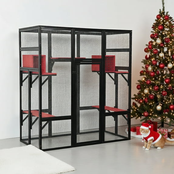 Pefilos 70" Outdoor Cat House for Large Cats, Enclosure Wood Cat Cage with Platforms and Small House, Gothic Kitty Catio Condo Playpen, Black