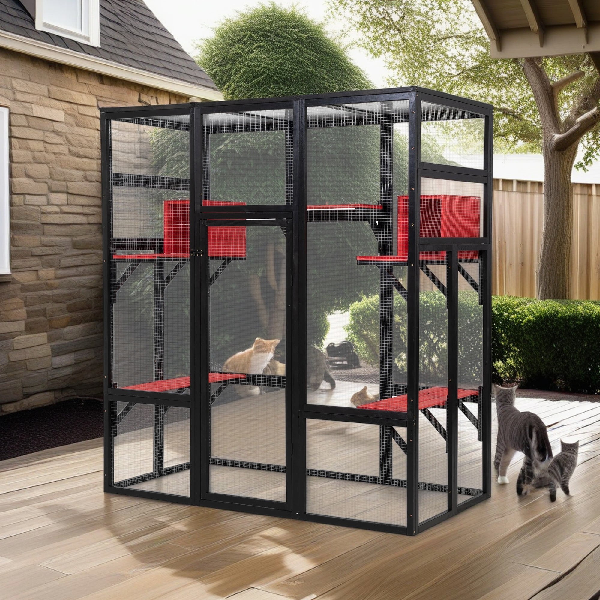 Pefilos 70" Outdoor Cat House for Large Cats, Enclosure Wood Cat Cage with Platforms and Small House, Gothic Kitty Catio Condo Playpen, Black Pefilos 70" Outdoor Cat House for Large Cats, Enclosure Wood Cat Cage with Platforms and Small House, Gothic Kitty Catio Condo Playpen, Black
