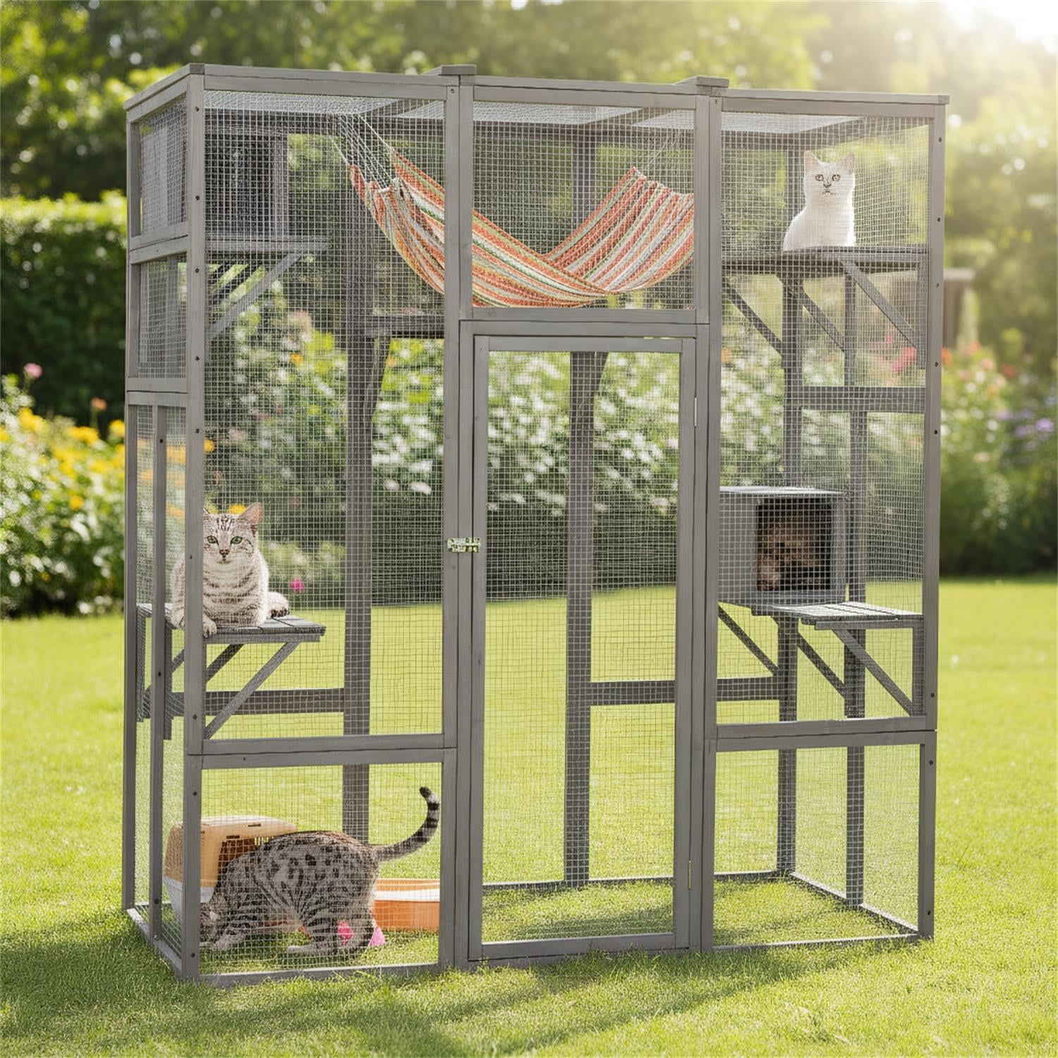 Pefilos 70" Outdoor Cat House for Large Cats, Enclosure Wood Cat Cage with Platforms and Small House, Kitty Catio Condo Playpen, Gray