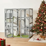 Pefilos 70" Outdoor Cat House for Large Cats, Enclosure Wood Cat Cage with Platforms and Small House, Kitty Catio Condo Playpen, Gray
