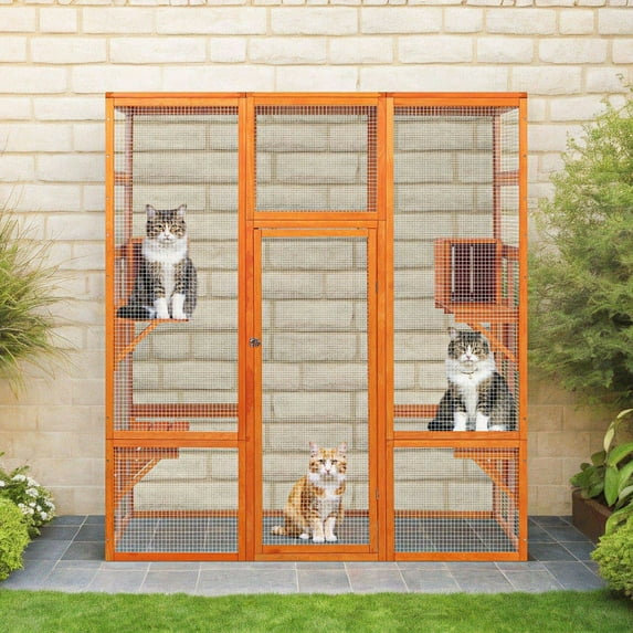 Pefilos 70" Outdoor Cat House for Large Cats, Enclosure Wood Cat Cage with Platforms and Small House, Kitty Catio Condo Playpen, Orange