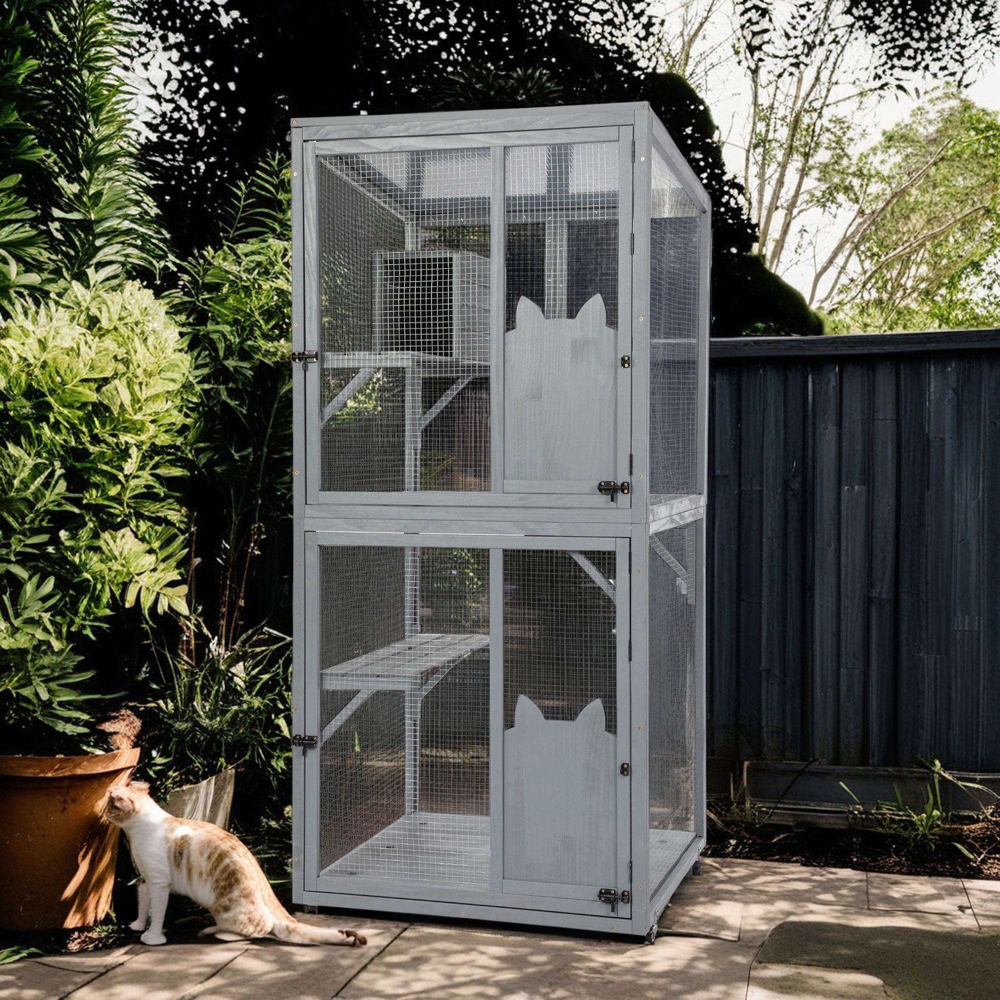Pefilos 70" Outdoor Wood Cat House, 3 Floors Cat Enclosure Catio, Indoor Kitten Playpen with Resting Box, Cat Cage Waterproof Sunlight Roof, Gray