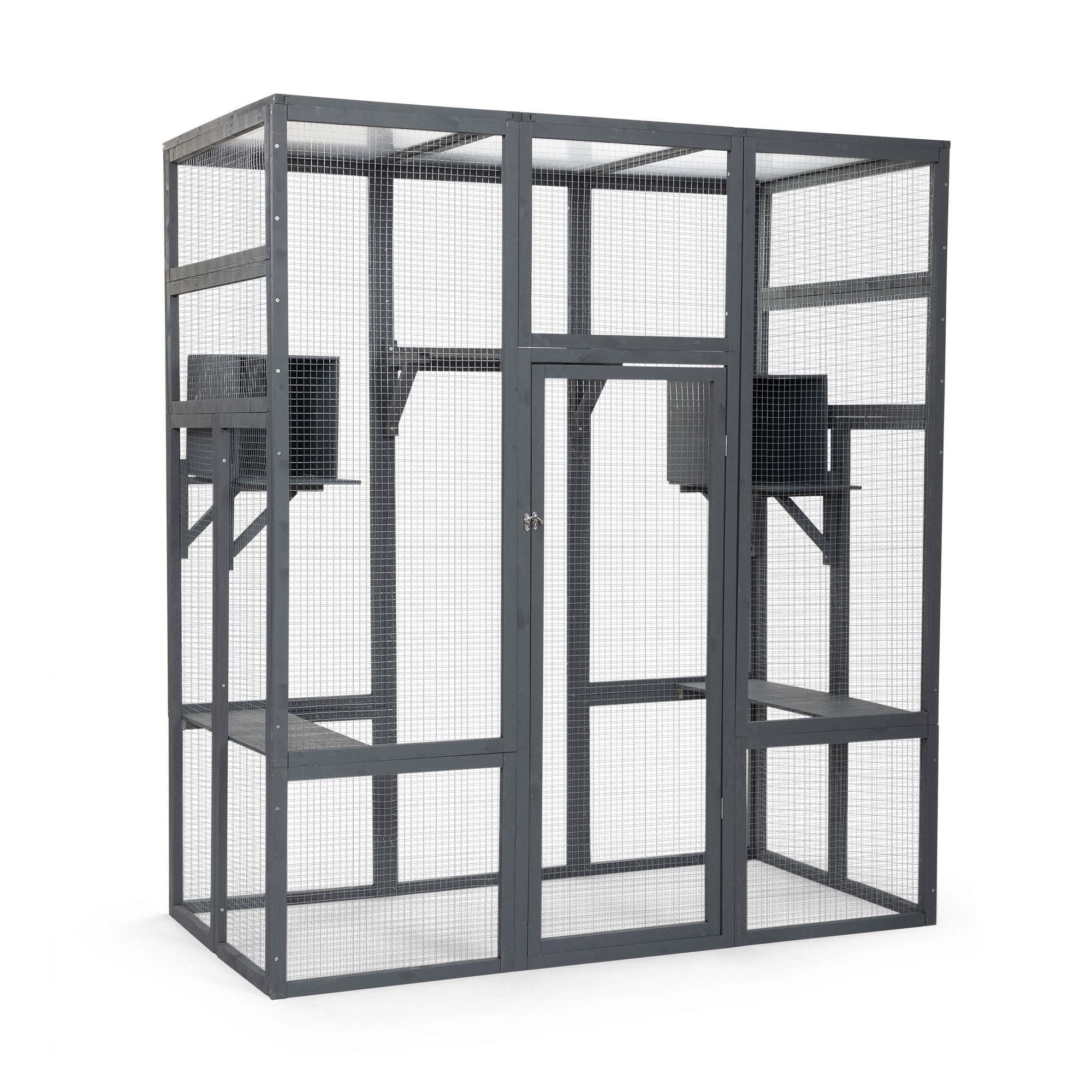 Pefilos 70" Outdoor Wood Cat House, Catio Kitty Enclosure Large Cat Cage Condo Playpen with Platforms and Small House, Gray Pefilos 70" Outdoor Wood Cat House, Catio Kitty Enclosure Large Cat Cage Condo Playpen with Platforms and Small House, Gray