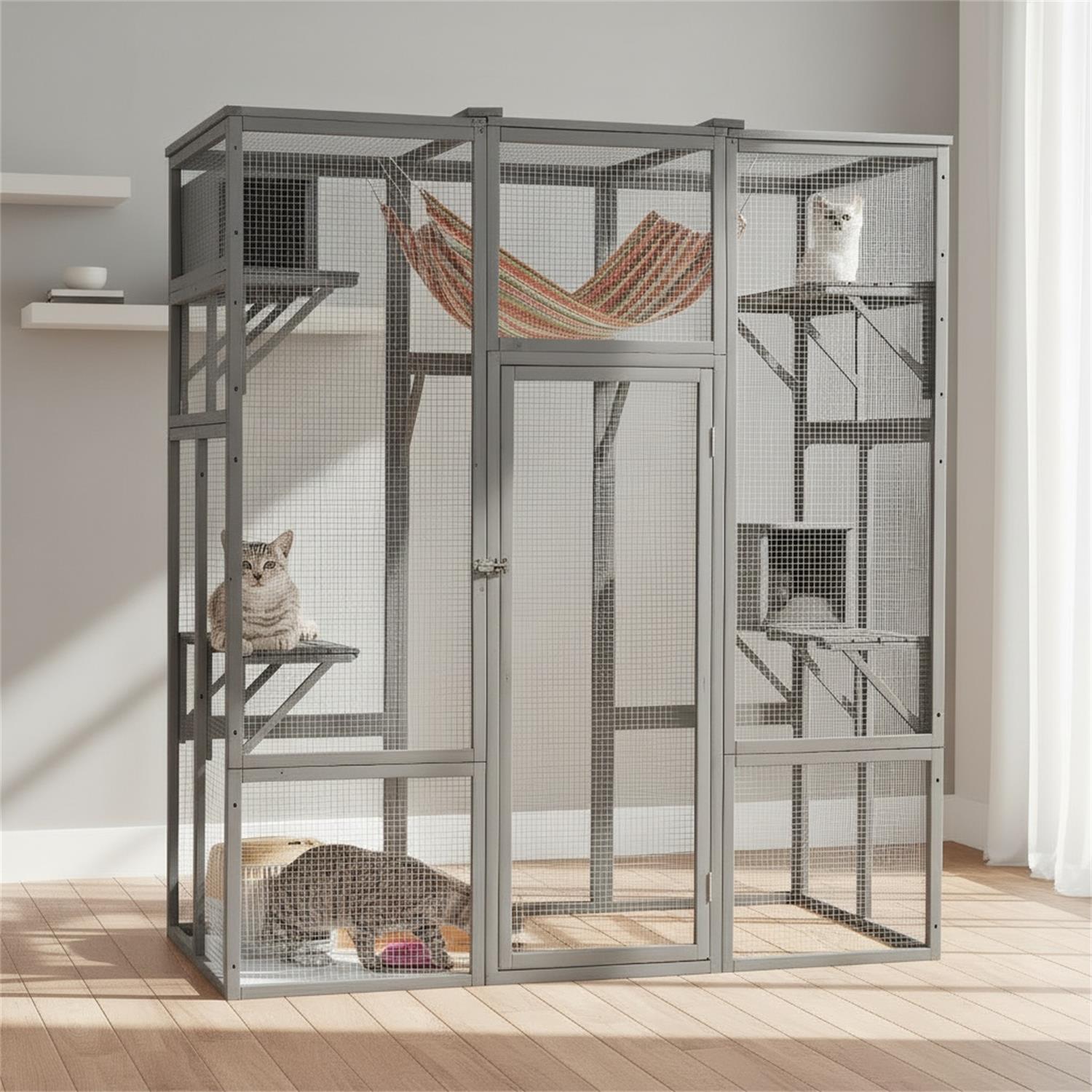 Pefilos 70" Outdoor Wood Cat House, Catio Kitty Enclosure Large Cat Cage Condo Playpen with Platforms and Small House, Gray