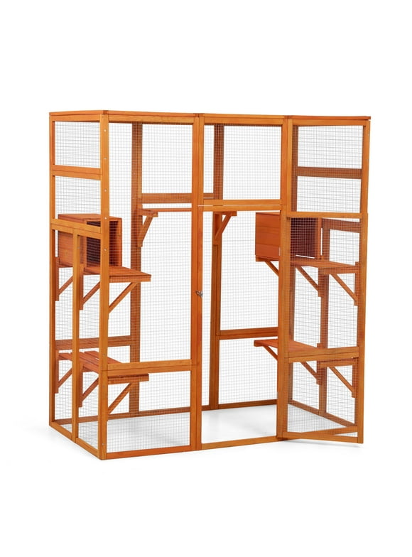 Pefilos 70" Outdoor Wood Cat House, Catio Kitty Enclosure Large Cat Cage Condo Playpen with Platforms and Small House, Orange