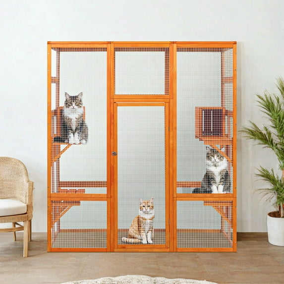 Pefilos 70" Outdoor Wood Cat House, Catio Kitty Enclosure Large Cat Cage Condo Playpen with Platforms and Small House, Orange