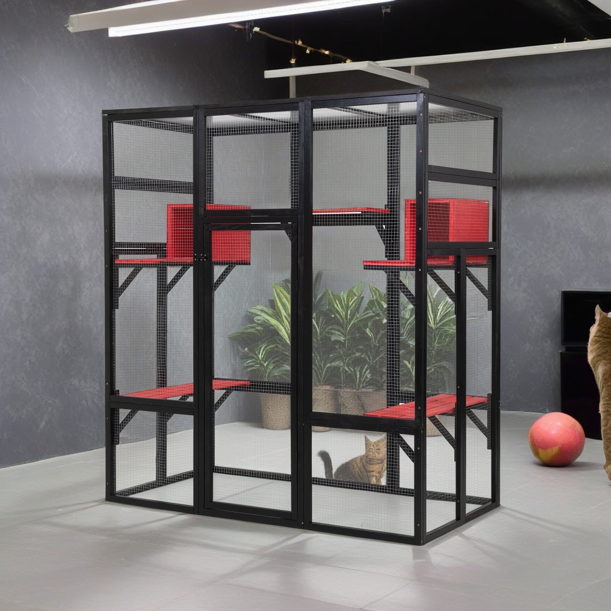 Pefilos 70" Outdoor Wood Cat House, Gothic Catio Kitty Enclosure Large Cat Cage Condo Playpen with Platforms and Small House, Black Pefilos 70" Outdoor Wood Cat House, Gothic Catio Kitty Enclosure Large Cat Cage Condo Playpen with Platforms and Small House, Black