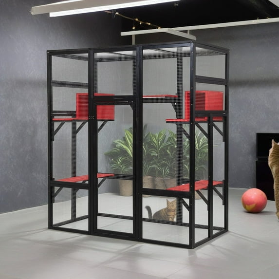 Pefilos 70" Outdoor Wood Cat House, Gothic Catio Kitty Enclosure Large Cat Cage Condo Playpen with Platforms and Small House, Black