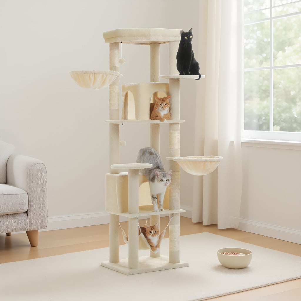 Pefilos 70" Tall Cat Tree Tower with Hammock, 5 Scratching Posts, 2 Condos and a Large Top Perches for Large Cats, Beige