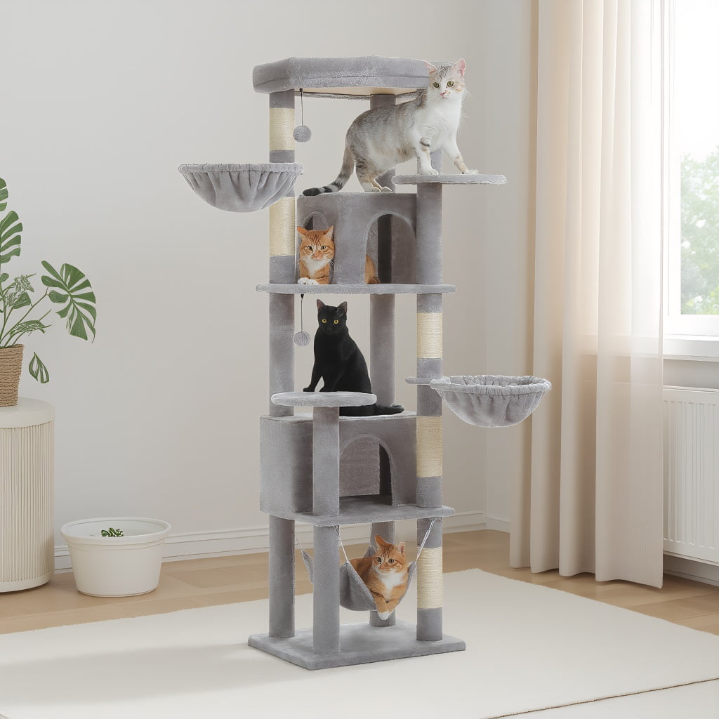 Pefilos 70" Tall Cat Tree Tower with Hammock, 5 Scratching Posts, 2 Condos and a Large Top Perches for Large Cats, Gray