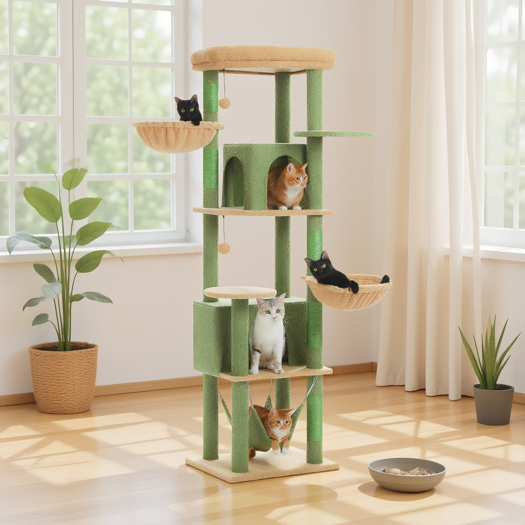 Pefilos 70" Tall Cat Tree Tower with Hammock, 5 Scratching Posts, 2 Condos and a Large Top Perches for Large Cats, Green