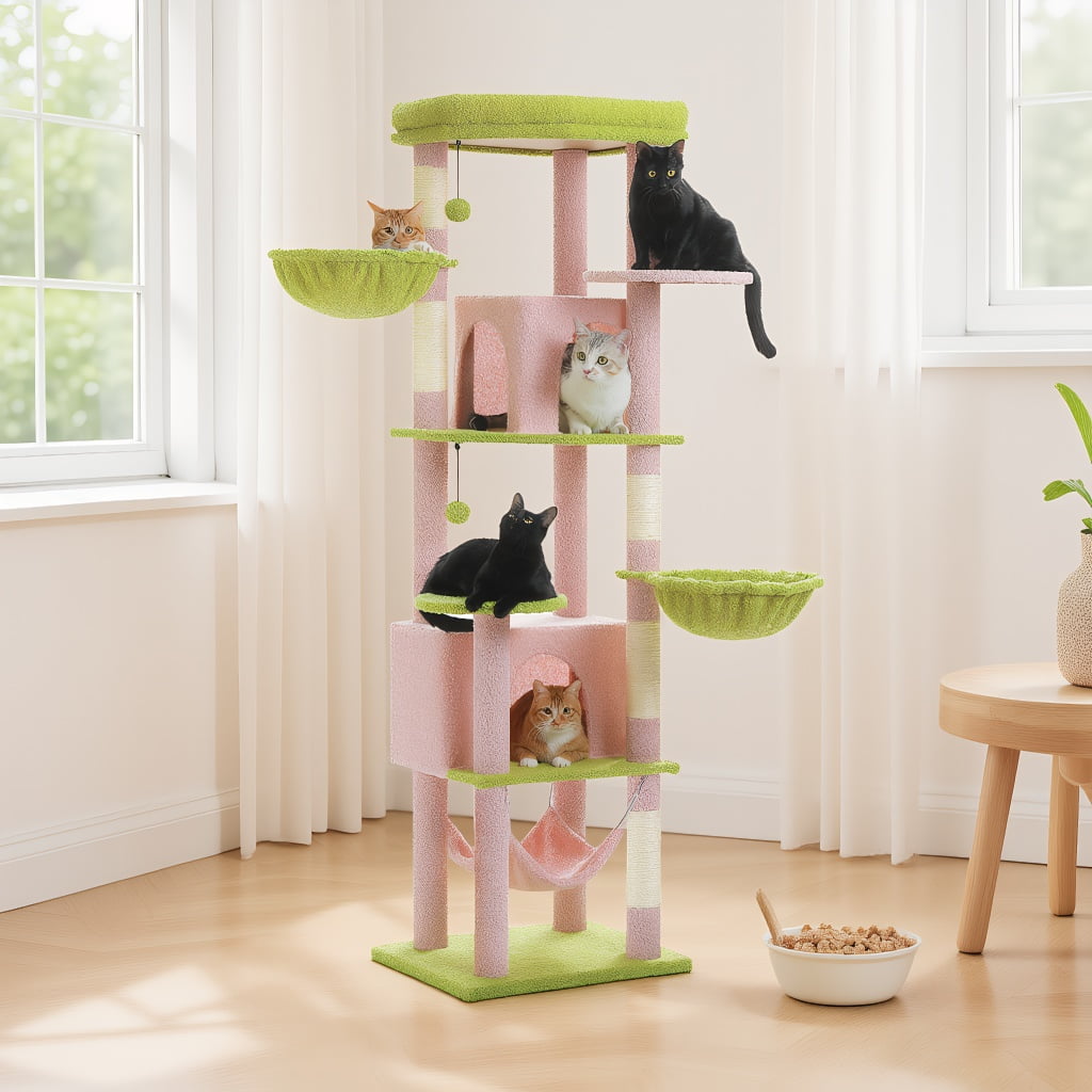 Pefilos 70" Tall Cat Tree Tower with Hammock, 5 Scratching Posts, 2 Condos and a Large Top Perches for Large Cats, Pink