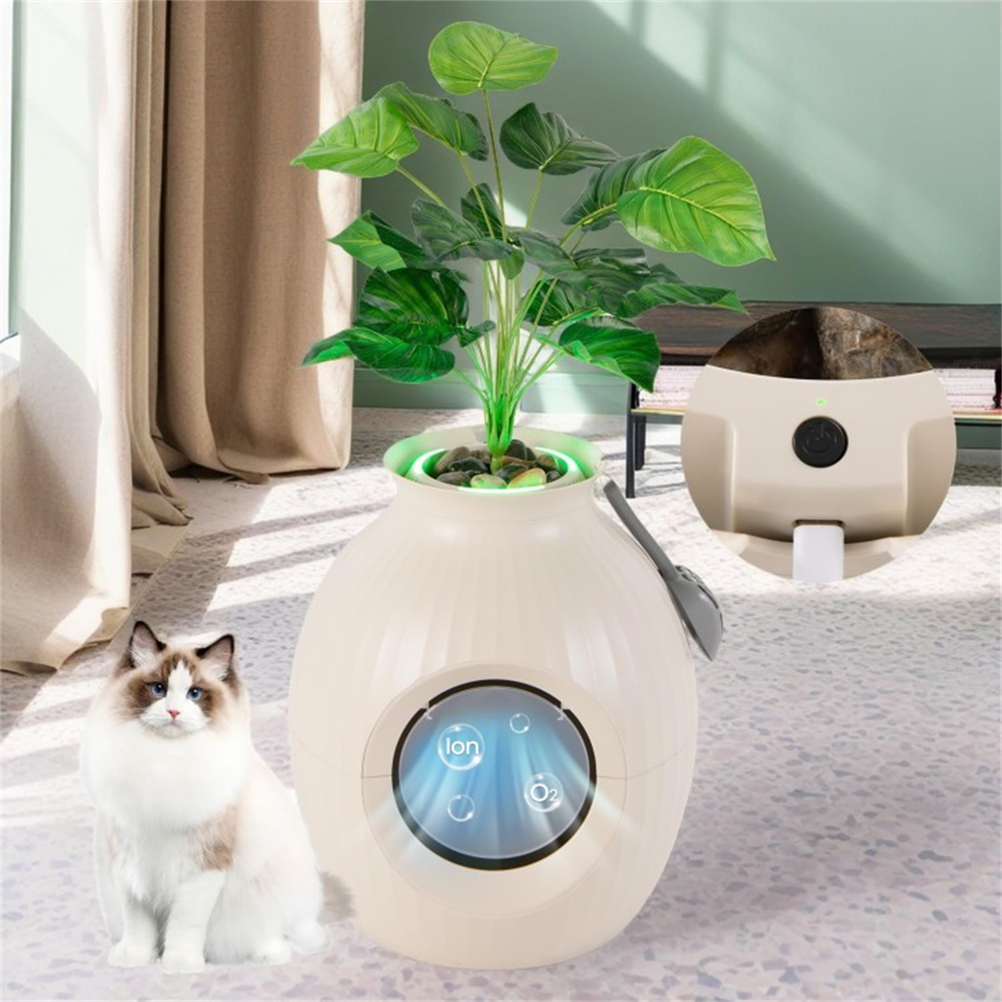 Pefilos 70L Smart Plant Cat Litter Box Enclosure Furniture with Electronic Odor Removal System, Hidden Cat House Washroom with Easy-Push Door, Scoop, Beige