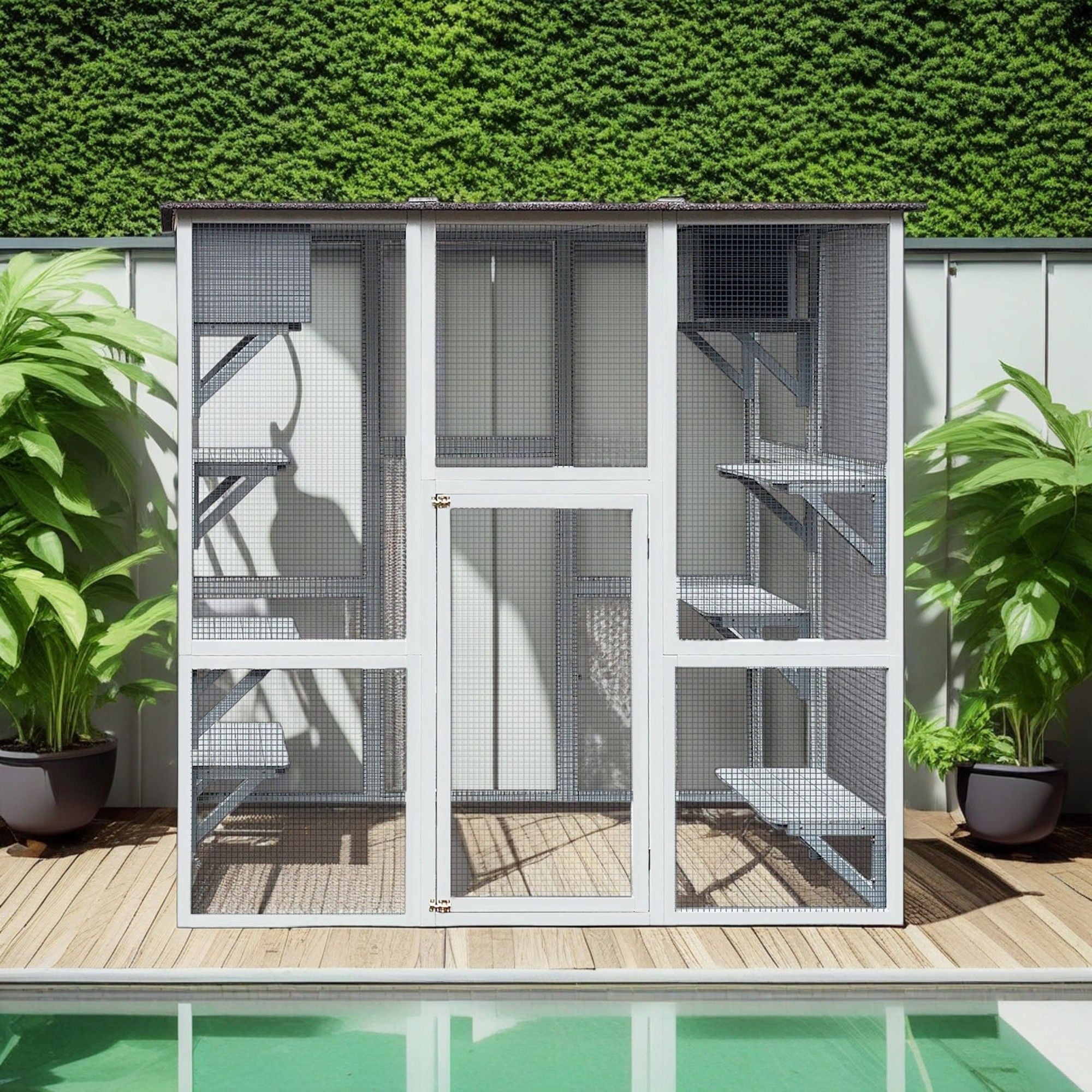 Pefilos 71" Cat House Outdoor Catio Kitty Enclosure with Enter Door, Wood Cat Cage Condo Indoor Playpen with Platforms and Small House, Gray Pefilos 71" Cat House Outdoor Catio Kitty Enclosure with Enter Door, Wood Cat Cage Condo Indoor Playpen with Platforms and Small House, Gray