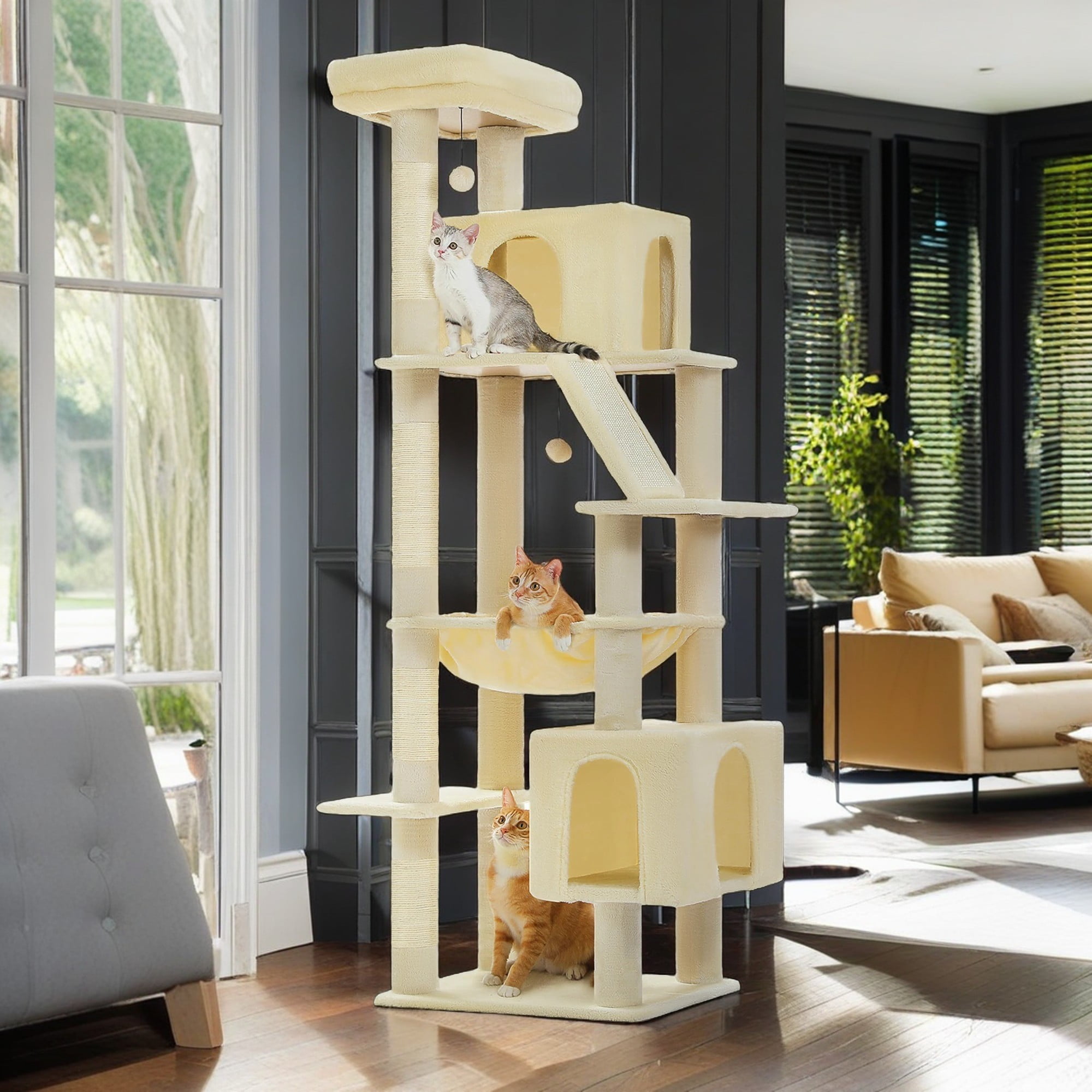 Pefilos 71" Cat Tree Tower for Indoor Cats, Plush Multi-Level Cat Condo with Scratching Posts, Perches, Hammock, 2 Pompoms, Beige Pefilos 71" Cat Tree Tower for Indoor Cats, Plush Multi-Level Cat Condo with Scratching Posts, Perches, Hammock, 2 Pompoms, Beige