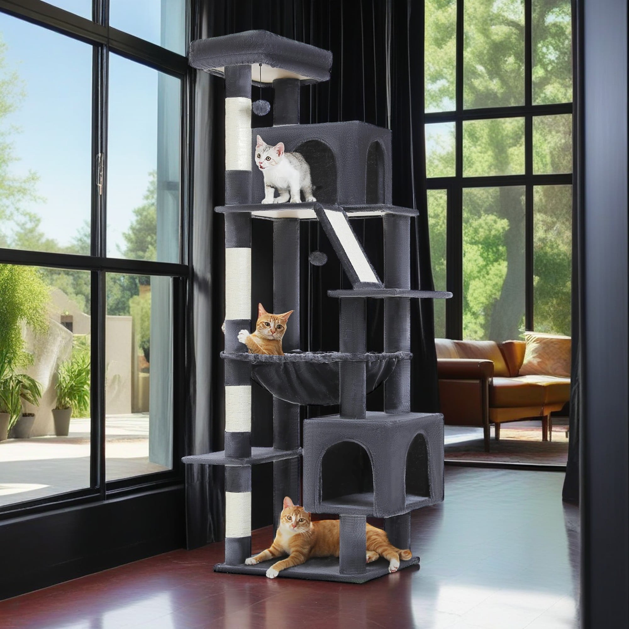 Pefilos 71" Cat Tree Tower for Indoor Cats, Plush Multi-Level Cat Condo with Scratching Posts, Perches, Hammock, 2 Pompoms, Dark Gray Pefilos 71" Cat Tree Tower for Indoor Cats, Plush Multi-Level Cat Condo with Scratching Posts, Perches, Hammock, 2 Pompoms, Dark Gray