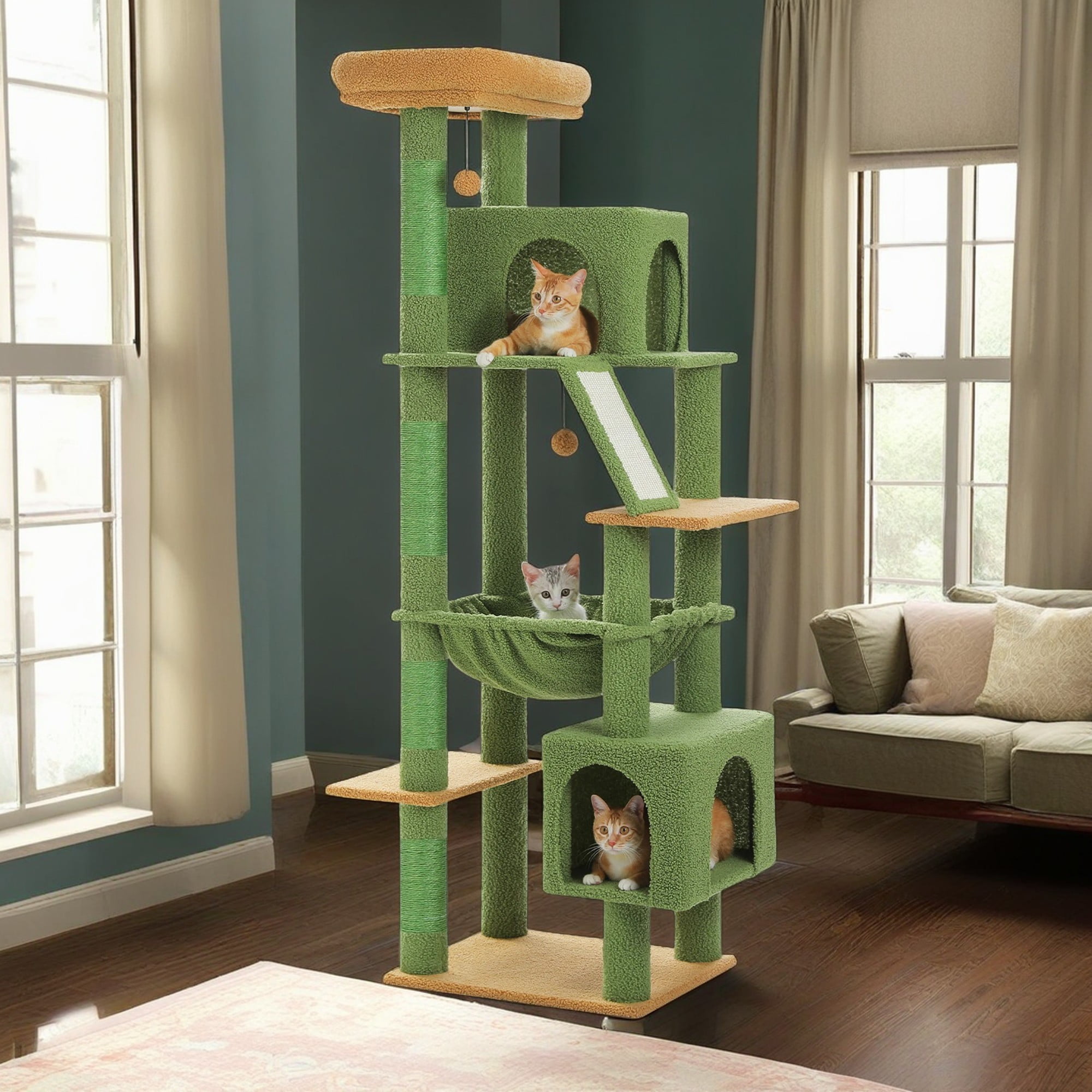 Green Multi-Level Cat Tree with Condo and Hammock
