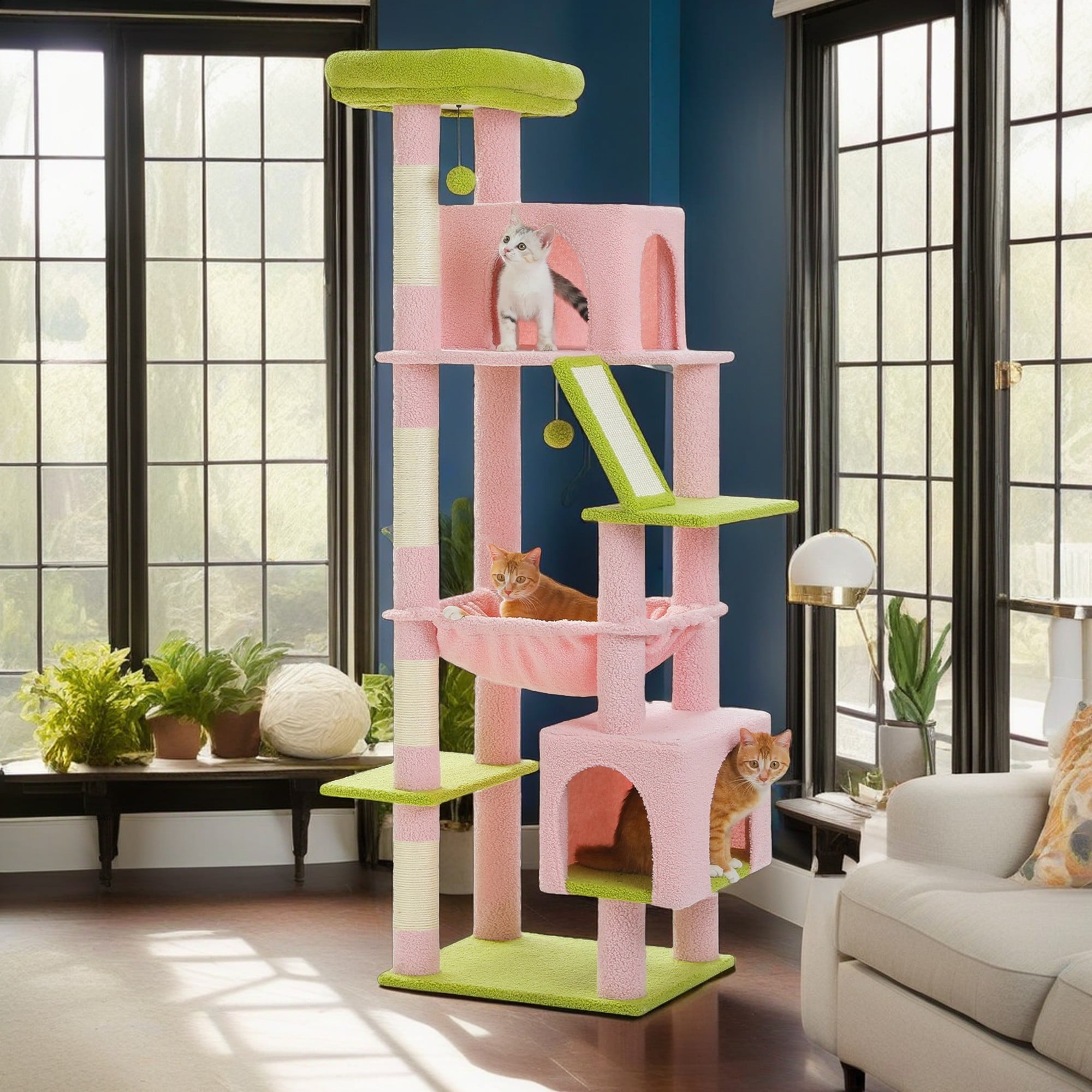 Pefilos 71" Cat Tree Tower for Indoor Cats, Plush Multi-Level Cat Condo with Scratching Posts, Perches, Hammock, 2 Pompoms, Pink Pefilos 71" Cat Tree Tower for Indoor Cats, Plush Multi-Level Cat Condo with Scratching Posts, Perches, Hammock, 2 Pompoms, Pink