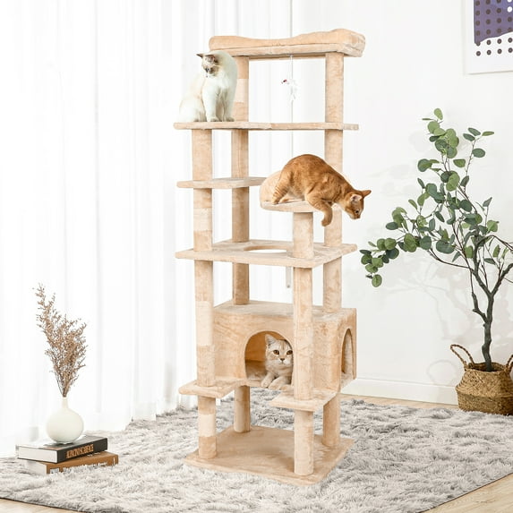 Pefilos 71" Cat Trees Tower for Large Cats, Indoor Anti-Dumping Pet Activity Cat Condo Furniture, Play House Kitty Kitten, Beige